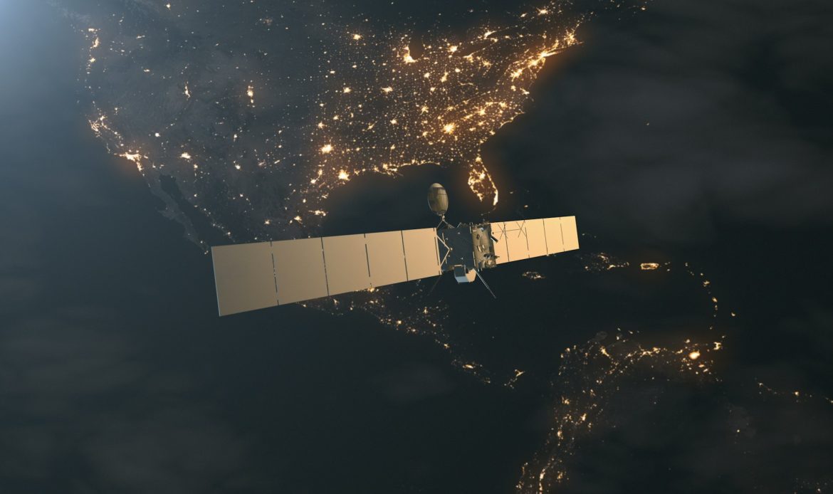 Modern space satellite probe with solar panels